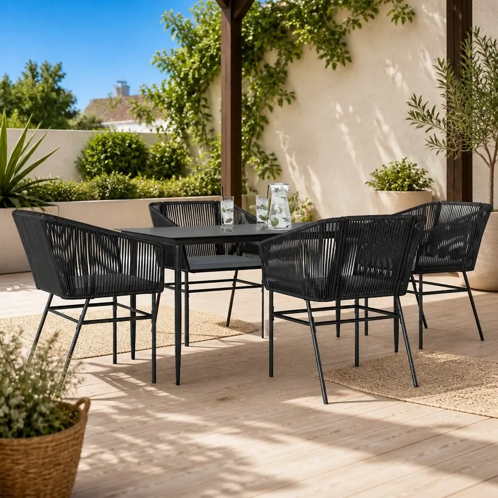 5 Piece Garden Dining Set Black Poly Rattan Glass Table Outdoor Furniture