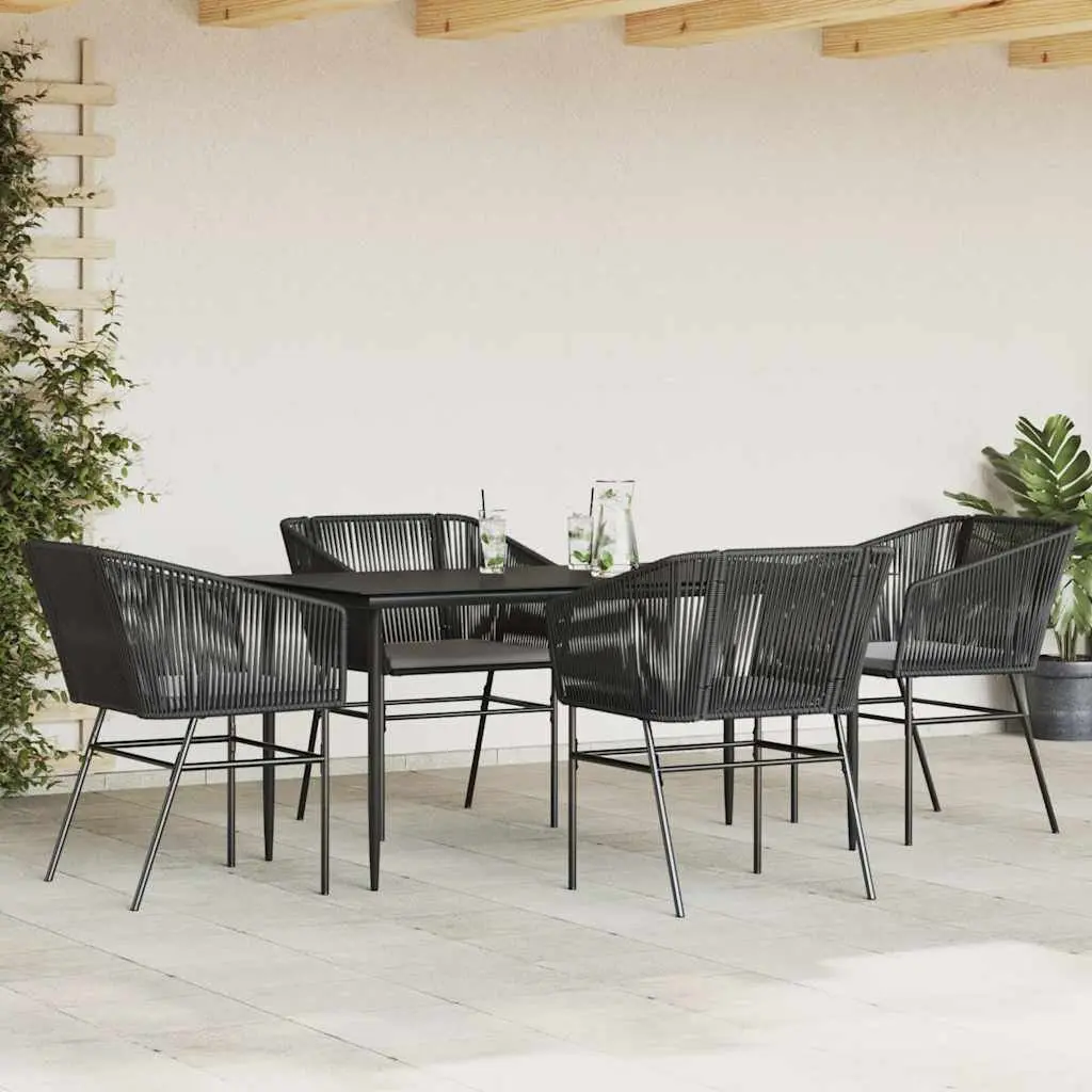 5 Piece Garden Dining Set Black Poly Rattan Glass Table Outdoor Furniture