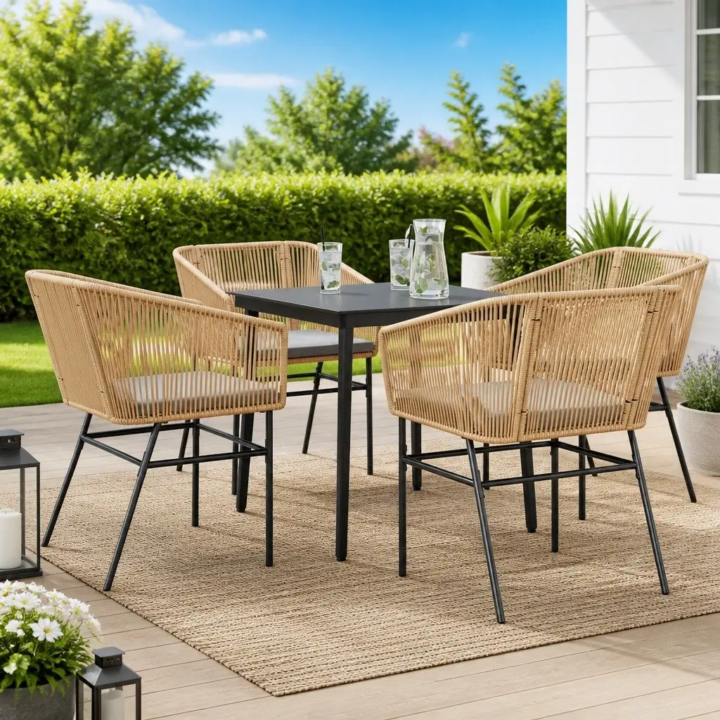 Garden Dining Set 5 Piece Brown Poly Rattan Patio Furniture with Glass Table