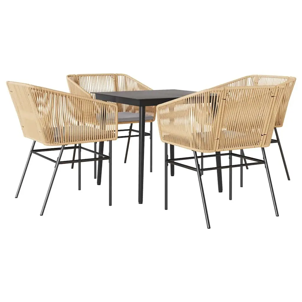 Garden Dining Set 5 Piece Brown Poly Rattan Patio Furniture with Glass Table
