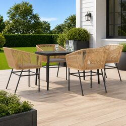 5 Piece Garden Dining Set Brown Poly Rattan Outdoor Furniture with Cushions