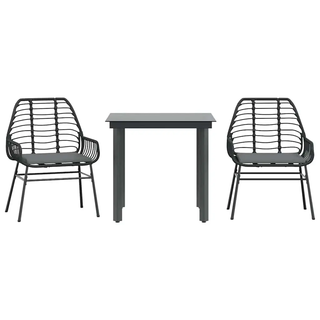3 Piece Garden Dining Set Black PE Rattan Chairs Glass Table Outdoor Patio Furniture