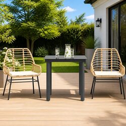 Garden Dining Set 3 Piece Brown Poly Rattan Outdoor Furniture Glass Top Table