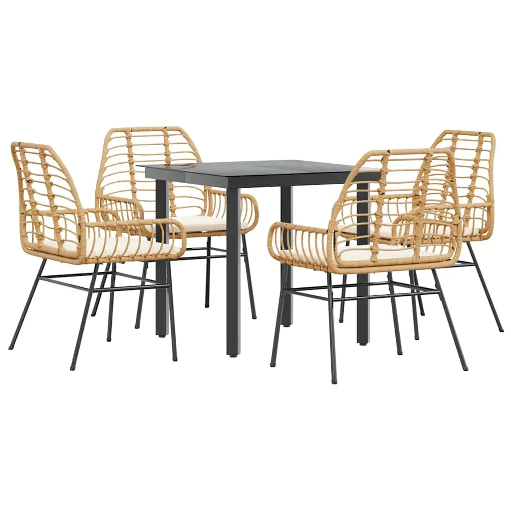 5 Piece Garden Dining Set Brown PE Rattan Steel Frame Tempered Glass Table Outdoor Furniture