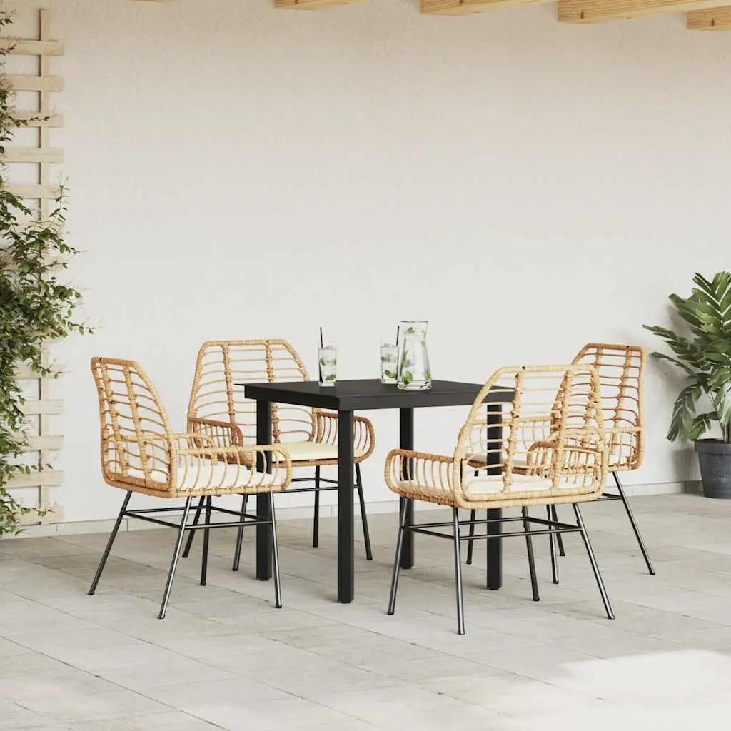 5 Piece Garden Dining Set Brown PE Rattan Steel Frame Tempered Glass Table Outdoor Furniture