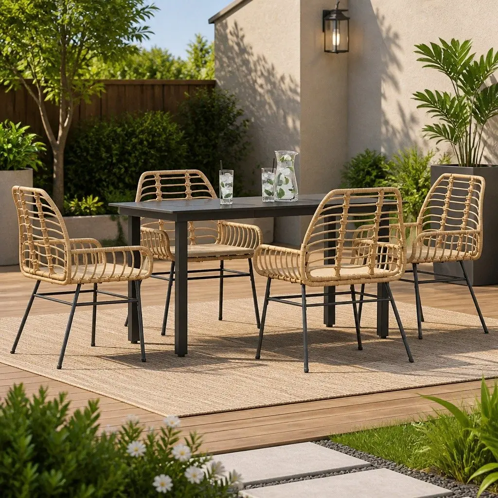 5 Piece Outdoor Garden Dining Set Brown Poly Rattan Patio Furniture with Cushioned Seats