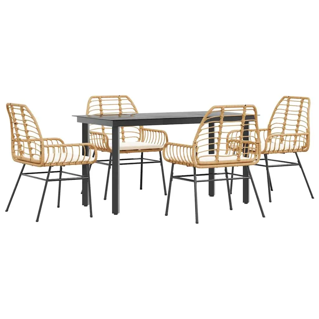 5 Piece Outdoor Garden Dining Set Brown Poly Rattan Patio Furniture with Cushioned Seats
