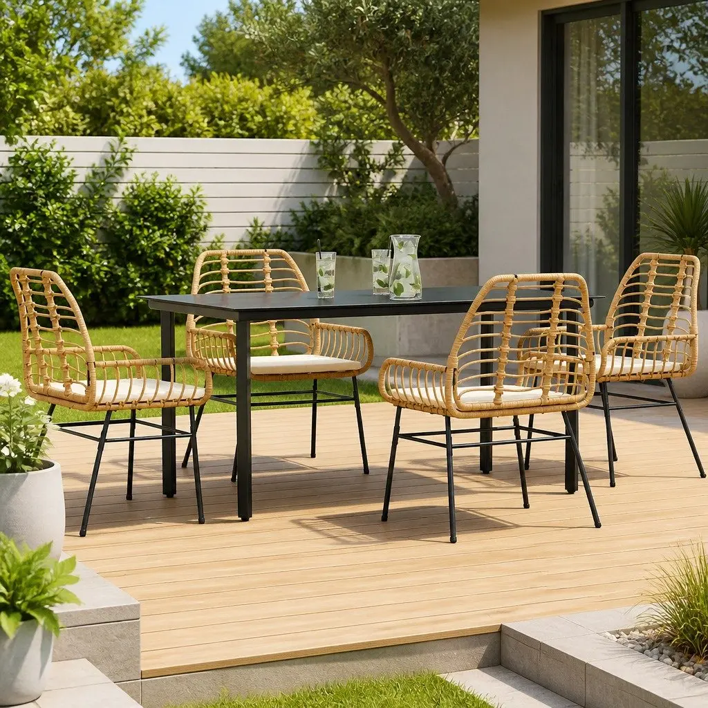 5 Piece Garden Dining Set Brown Cushioned Seating Durable Poly Rattan Frame