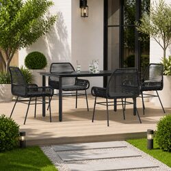 5 Piece Outdoor Dining Set Glass Table Poly Rattan Chairs with Cushions Black
