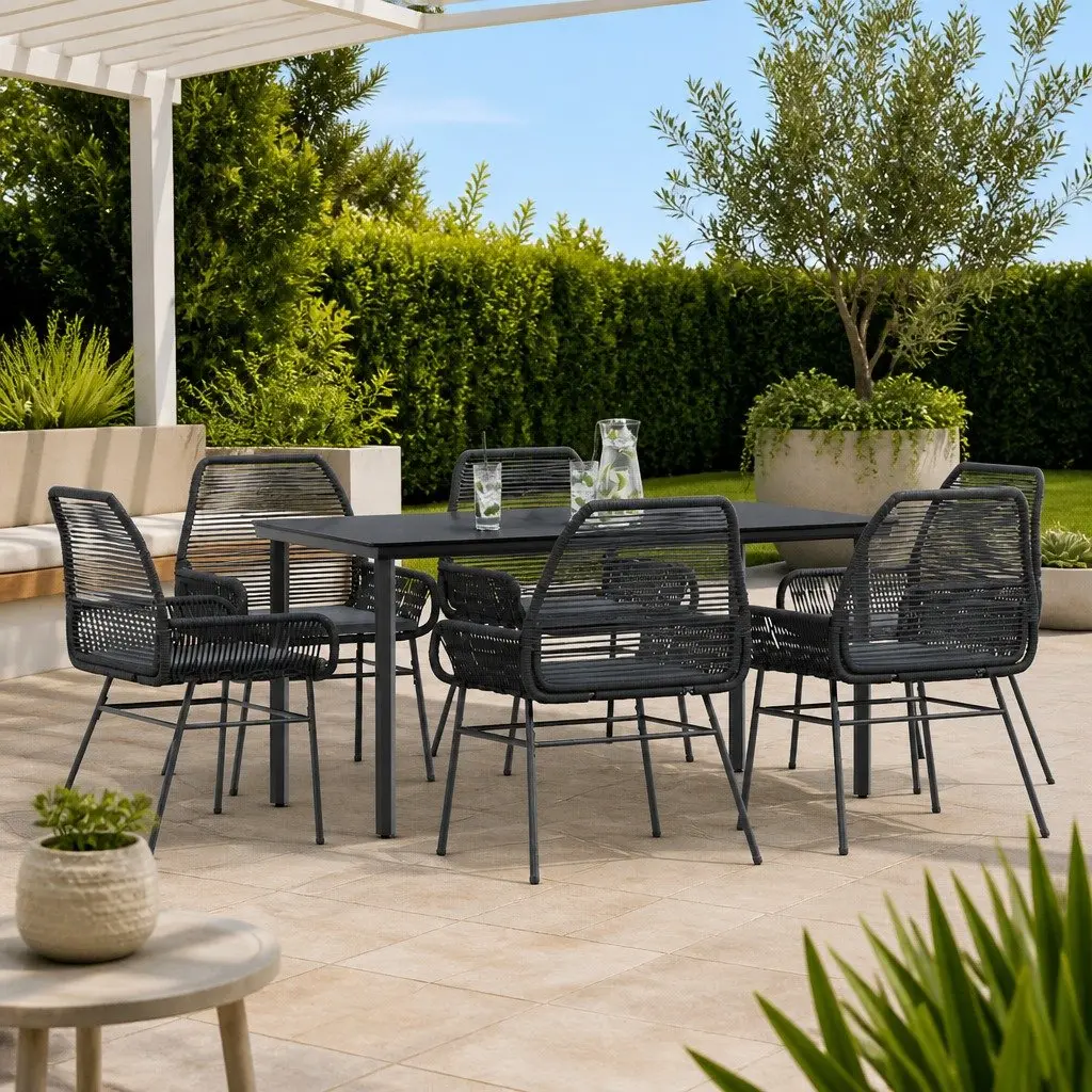 7 Piece Garden Dining Set Black Poly Rattan Glass Outdoor Furniture Patio Table