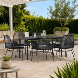 7 Piece Garden Dining Set Black Poly Rattan Glass Outdoor Furniture Patio Table