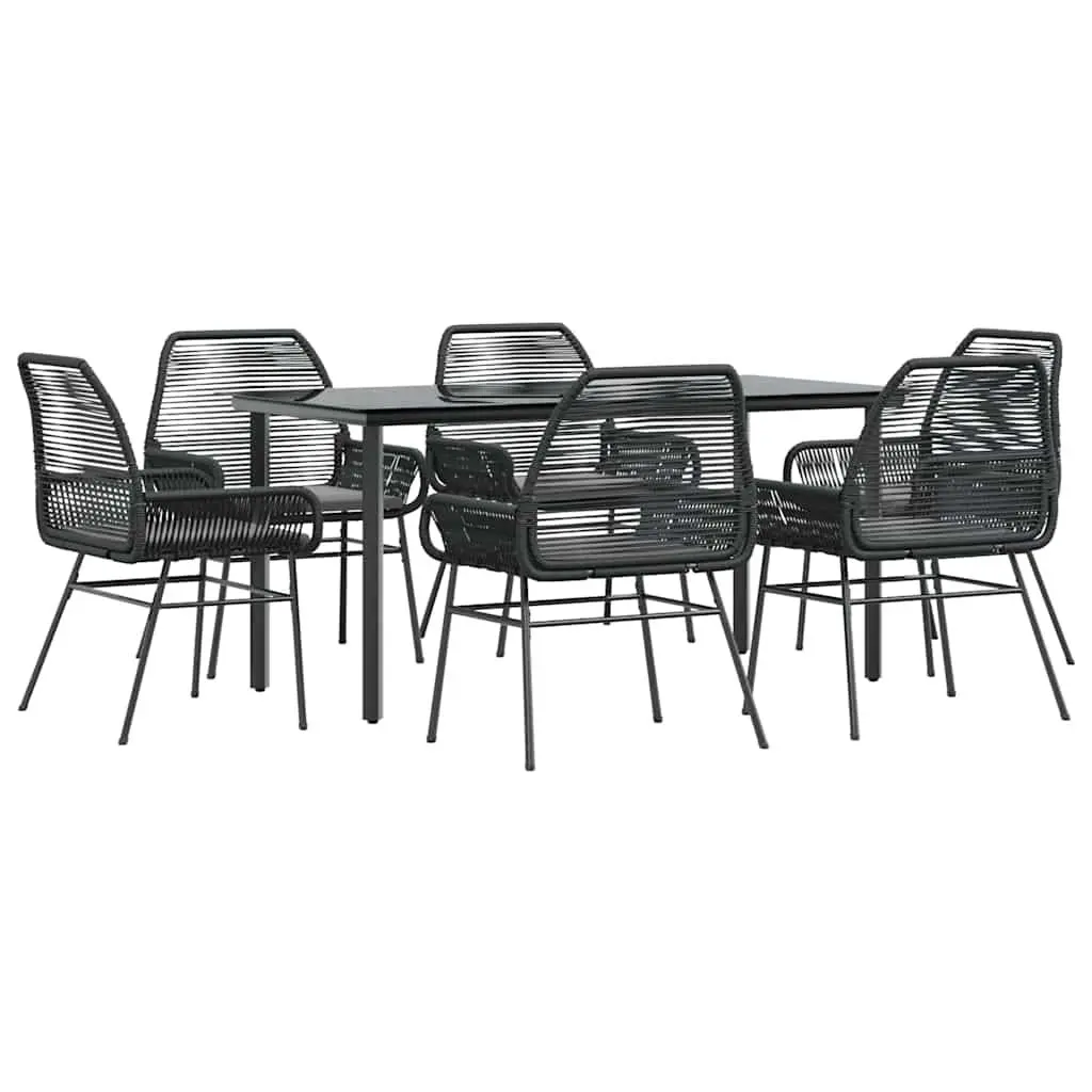 7 Piece Garden Dining Set Black Poly Rattan Glass Outdoor Furniture Patio Table