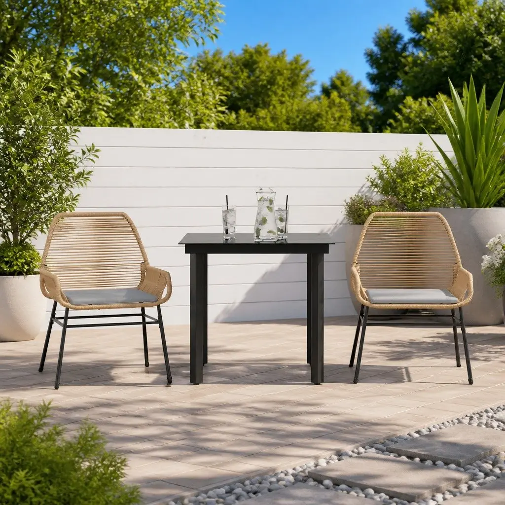 Brown Outdoor Dining Set 3 Piece Cushioned Chairs Tempered Glass Table Poly Rattan