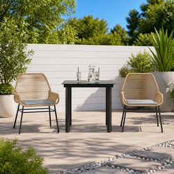 3 Piece Garden Dining Set Brown Poly Rattan Cushions Tempered Glass Outdoor