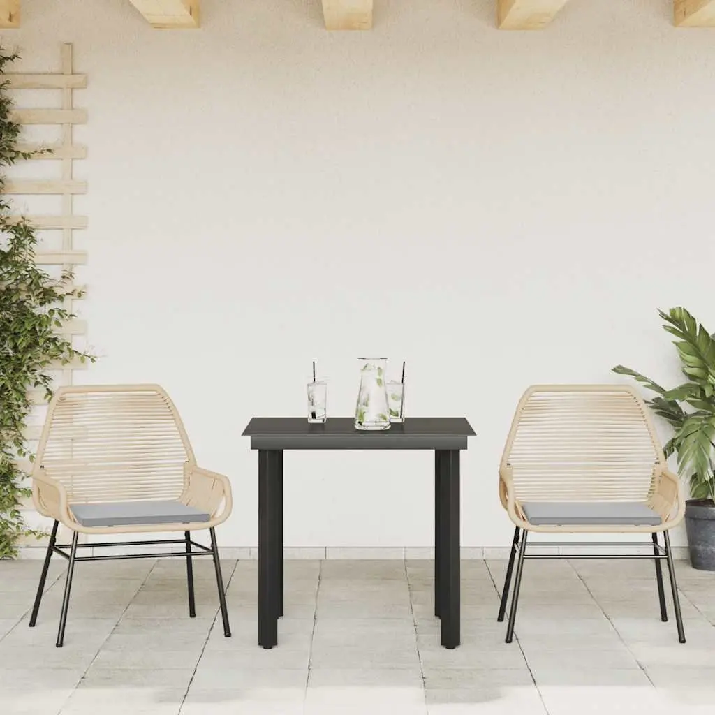 Brown Outdoor Dining Set 3 Piece Cushioned Chairs Tempered Glass Table Poly Rattan