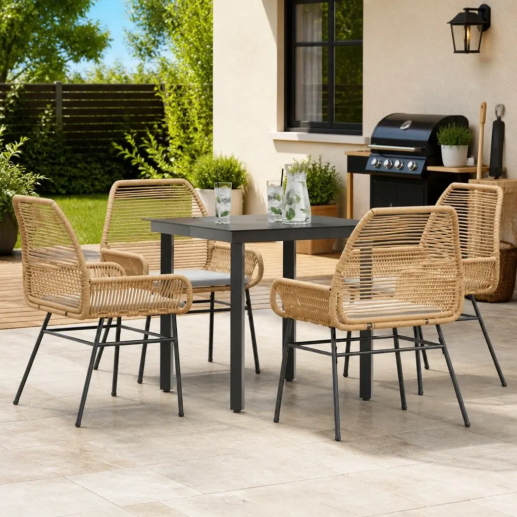 5 Piece Garden Dining Set Brown Poly Rattan Glass Outdoor Furniture