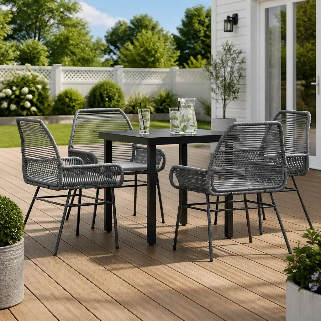 5 Piece Garden Dining Set Grey Poly Rattan Outdoor Furniture with Tempered Glass Table Top