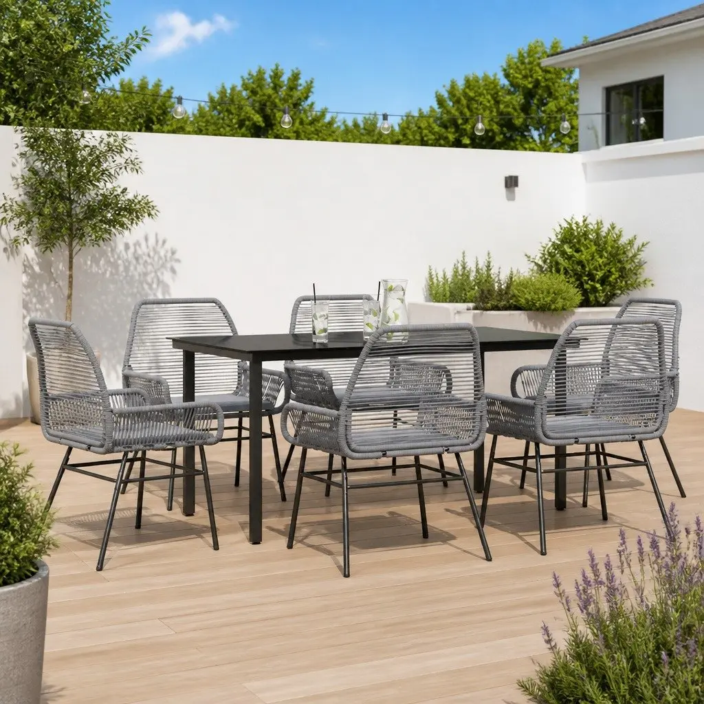 Garden Dining Set 7 Piece Outdoor Furniture Rattan Chair Table Patio Grey