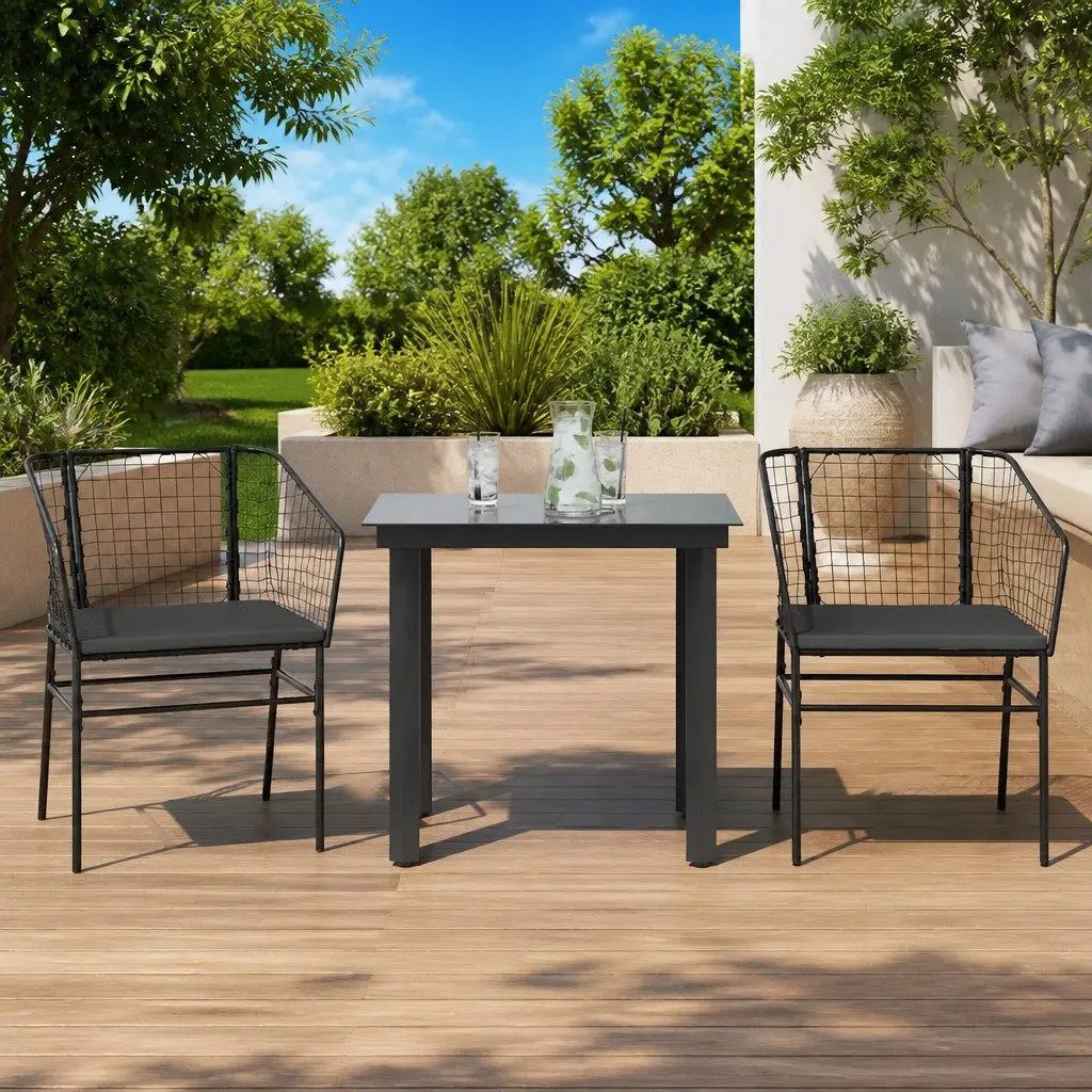 Garden Dining Set Black 3 Piece Outdoor Furniture Patio Table Chairs Poly Rattan