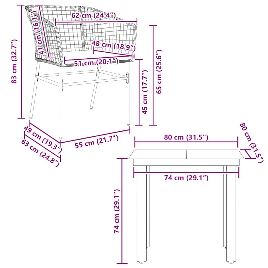 Garden Dining Set Black 3 Piece Outdoor Furniture Patio Table Chairs Poly Rattan
