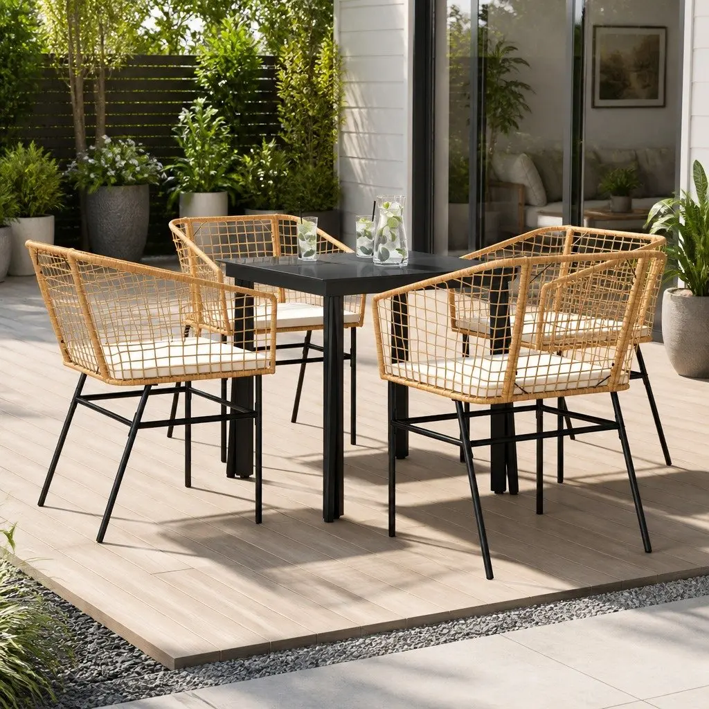 5 Piece Outdoor Dining Set Brown Cushioned Seating Tempered Glass Top Poly Rattan Garden Furniture