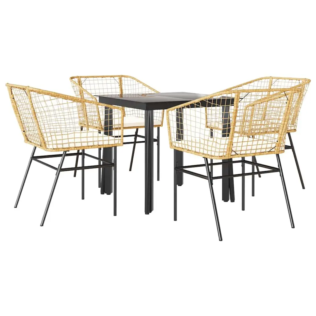 5 Piece Outdoor Dining Set Brown Cushioned Seating Tempered Glass Top Poly Rattan Garden Furniture