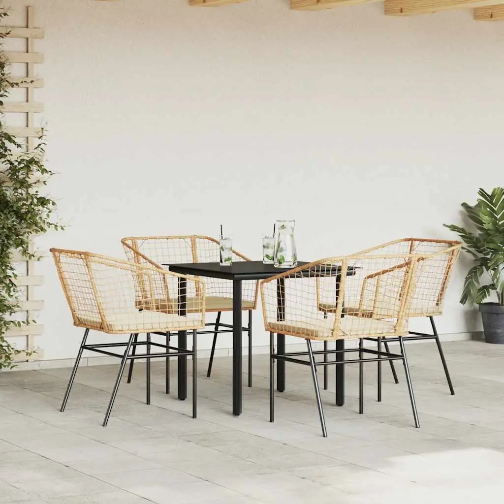 5 Piece Outdoor Dining Set Brown Cushioned Seating Tempered Glass Top Poly Rattan Garden Furniture