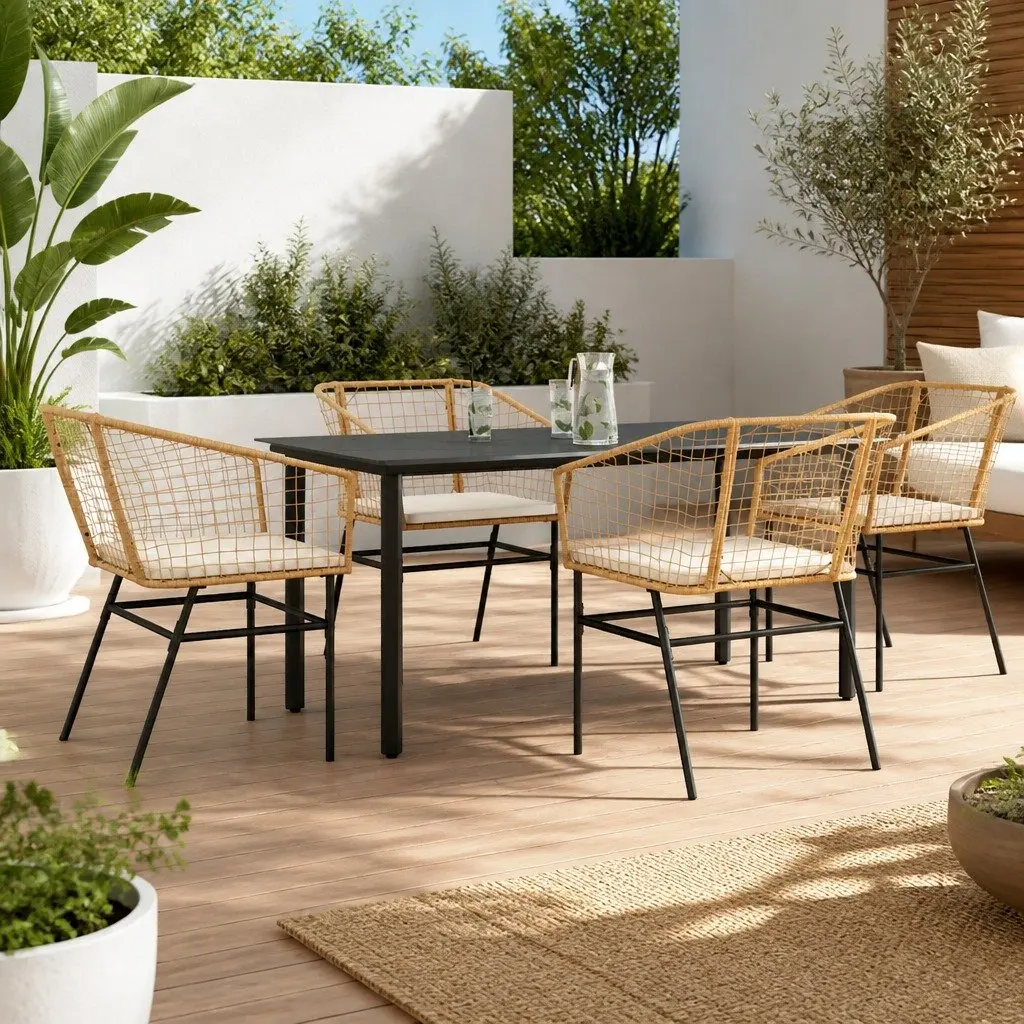 5 Piece Garden Dining Set Brown Poly Rattan Glass Patio Table Outdoor Furniture