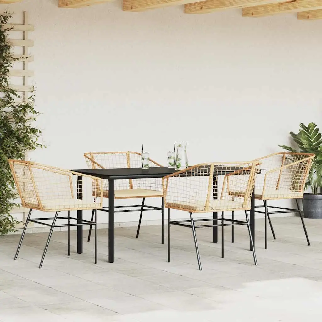 5 Piece Garden Dining Set Brown Poly Rattan Glass Patio Table Outdoor Furniture