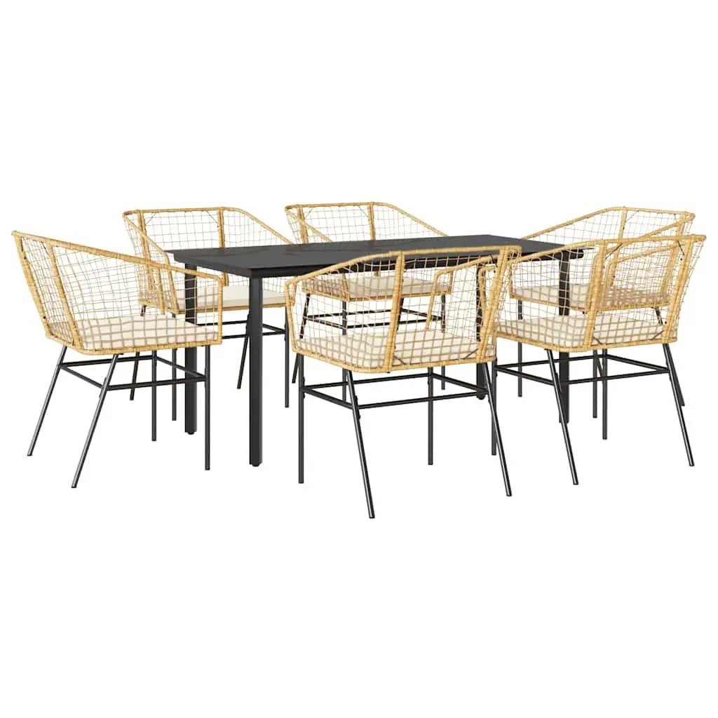 7 Piece Brown Cushioned Dining Set Poly Rattan Table and Chairs for Outdoor Garden Patio