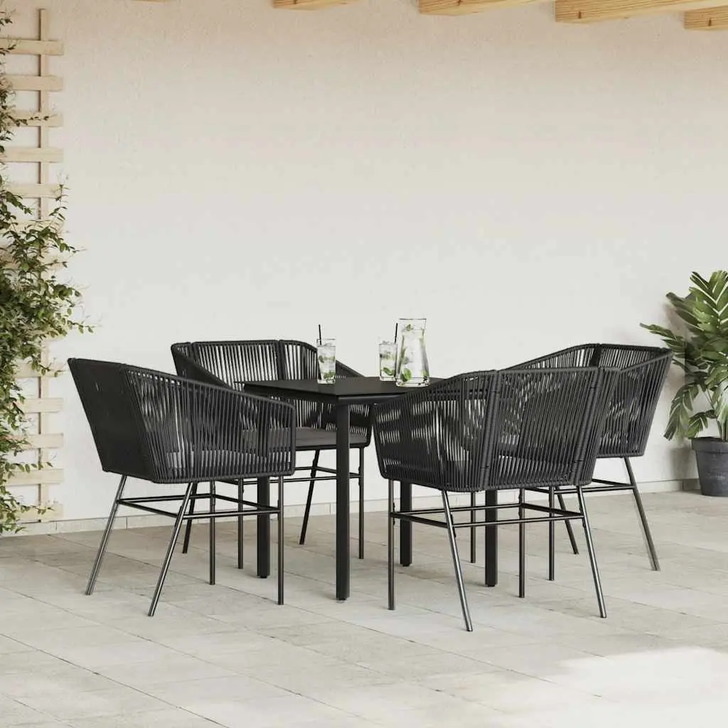 Black 5 Piece Outdoor Dining Set Poly Rattan Frame Tempered Glass Table with Cushions