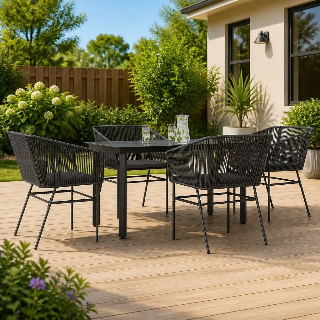 Garden Dining Set Black 5 Piece Outdoor Furniture Rattan Glass Table Cushions
