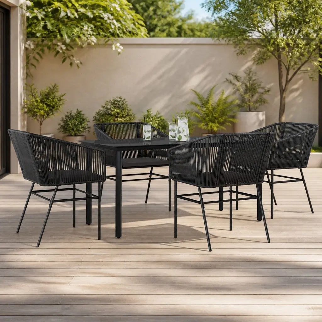 5 Piece Garden Dining Set Black Poly Rattan Tempered Glass Tabletop Outdoor Patio