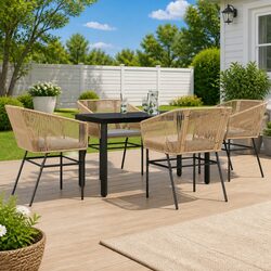 5 Piece Garden Dining Set Brown Poly Rattan Outdoor Furniture with Glass Table