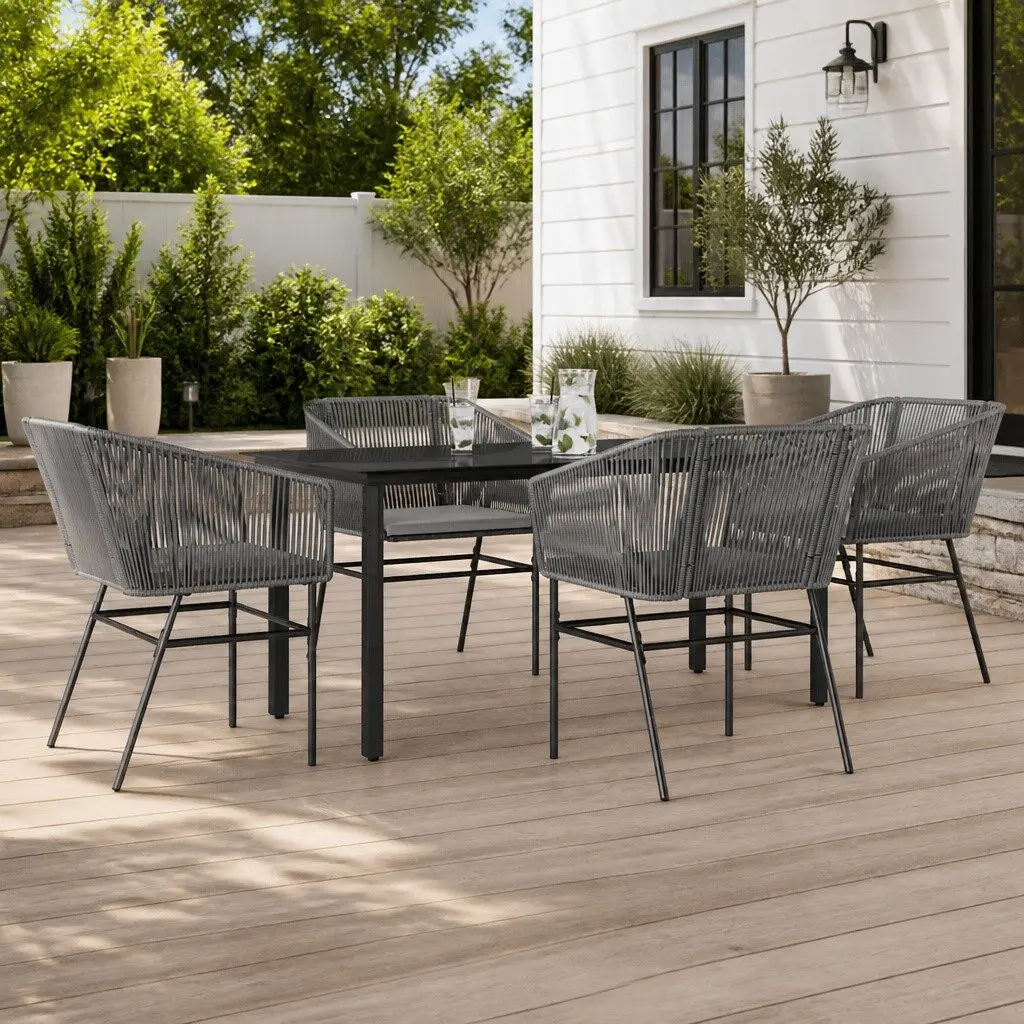 Garden Dining Set 5 Piece Outdoor Patio Furniture Grey Poly Rattan Glass Table