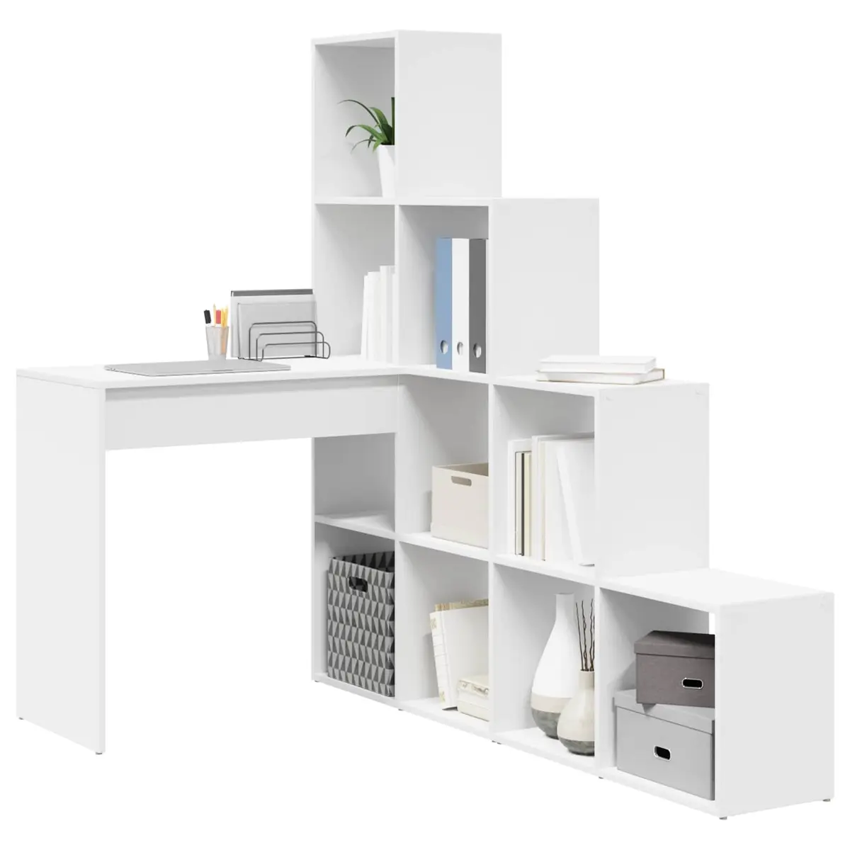 Corner Desk White Engineered Wood Space Saving with Storage Shelves 1015cm x 1495cm x 1495cm