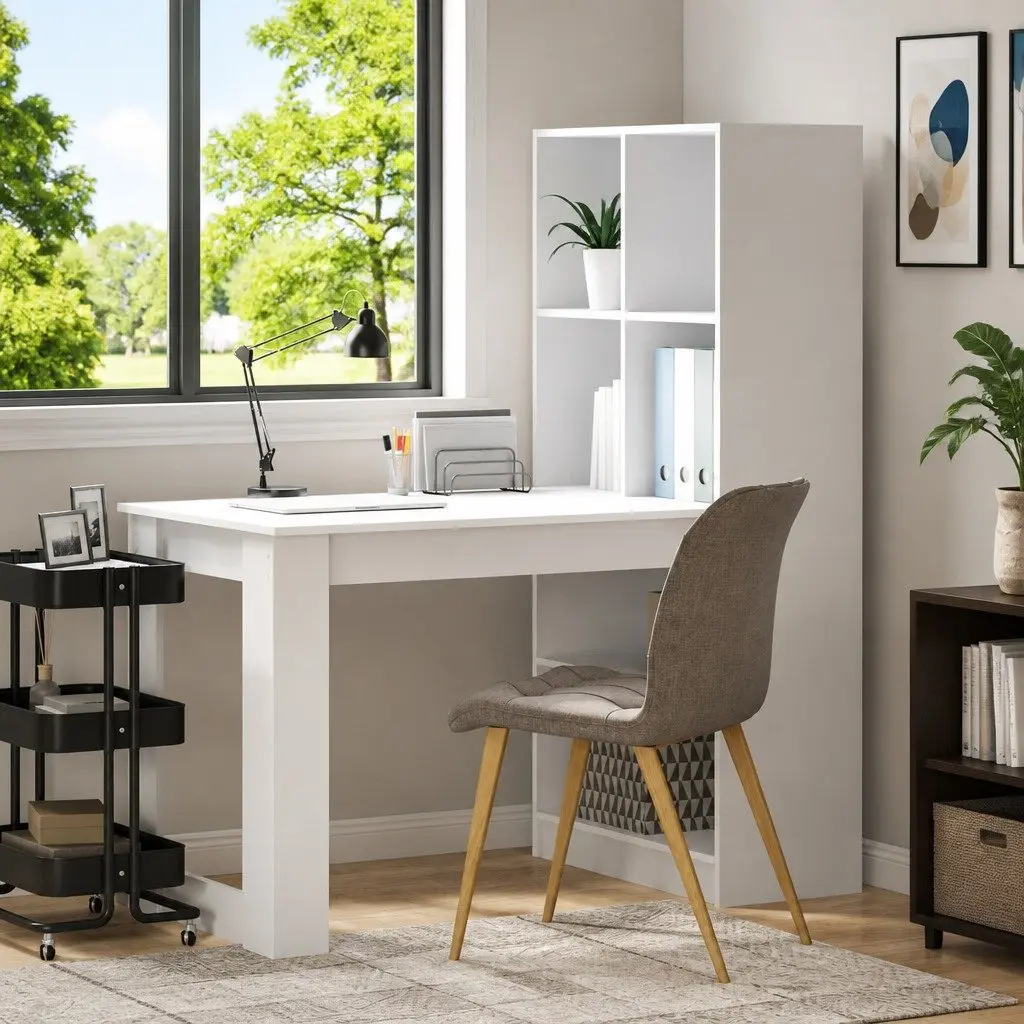 White Writing Desk with Shelves Storage Engineered Wood Office Furniture 122cm