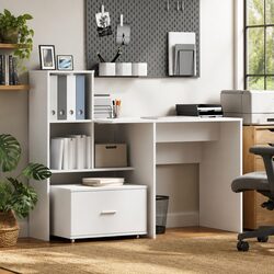 Compact White Desk with Drawer and Shelf Storage 131.5 x 50 x 106.5 cm