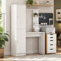 Desk with Shelves and Doors White Engineered Wood Office Workspace Storage