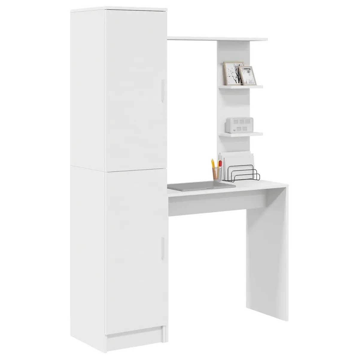 Desk White Engineered Wood 2 Piece Shelves Hinged Doors Storage