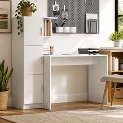 Compact White Desk with Shelves and Storage Cabinet