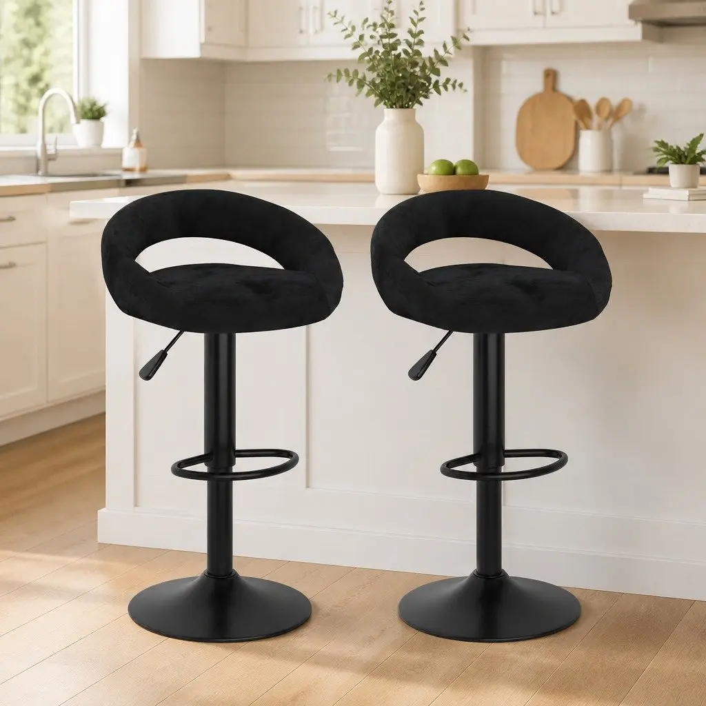 Bar Stools Black Velvet Adjustable Height with Footrest 2 Piece