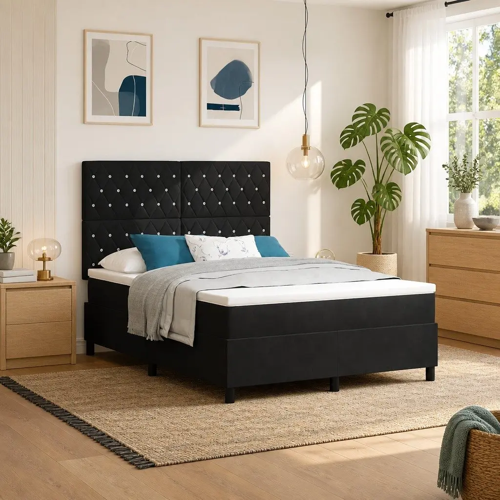 Box Spring Bed Medium Firm Adjustable Headboard Black White 152x203cm