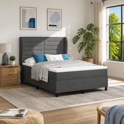 Box Spring Bed 137x190cm Dark Grey White Fabric Mattress Adjustable Headboard