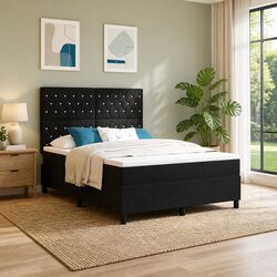 Box Spring Bed Black Velvet 152 x 203 cm Adjustable Headboard RGB LED Lights