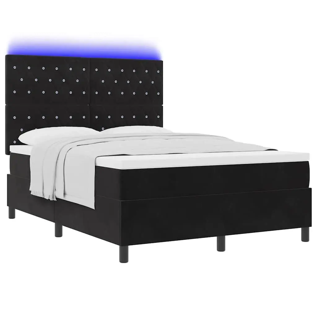Black Velvet Box Spring Bed 152x203cm with Adjustable Headboard and RGB LED Lighting