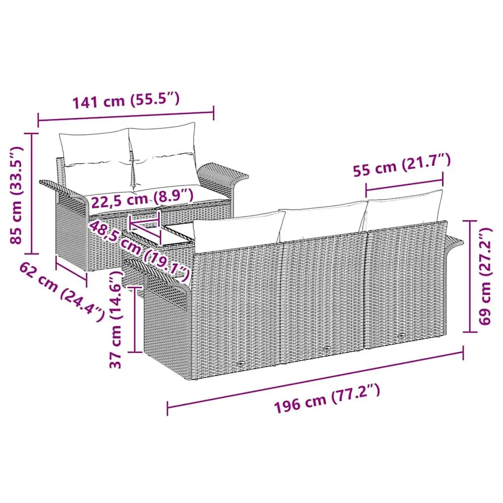 Outdoor Garden Sofa Set Grey 6 Piece Modular Poly Rattan Furniture