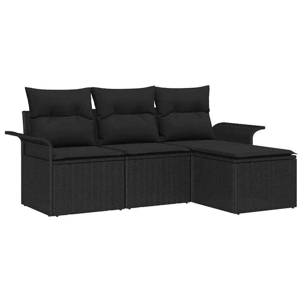 Outdoor Sofa Set Black 4-Piece Poly Rattan Garden Seating with Cushions
