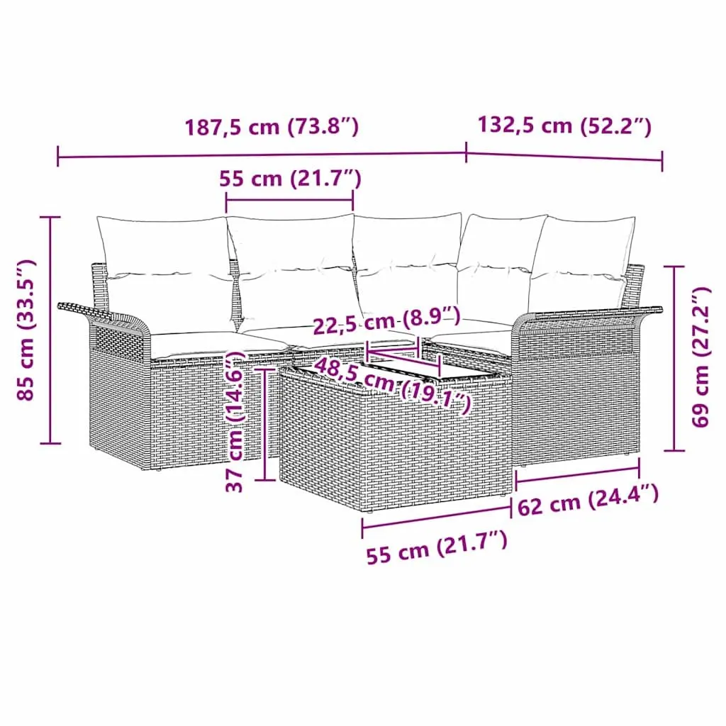 Garden Sofa Set 5 Piece Modular Outdoor Furniture Grey Poly Rattan Patio Lounge