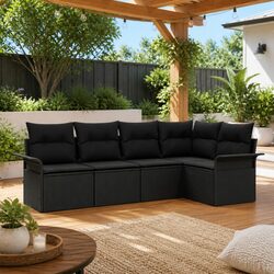 Concise 5-Piece Black Poly Rattan Sofa Set with Cushions